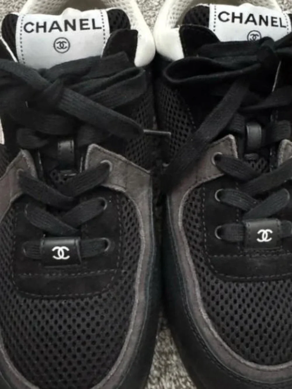 Chanel Black & White Mesh & Suede Sneakers - Size 39